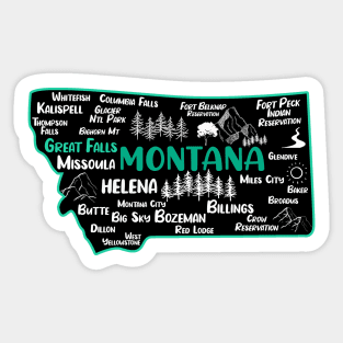 Cute map of Great Falls Montana, Missoula, Helena, Butte, Bozemian, Billings, Kalispell, Big Sky Sticker